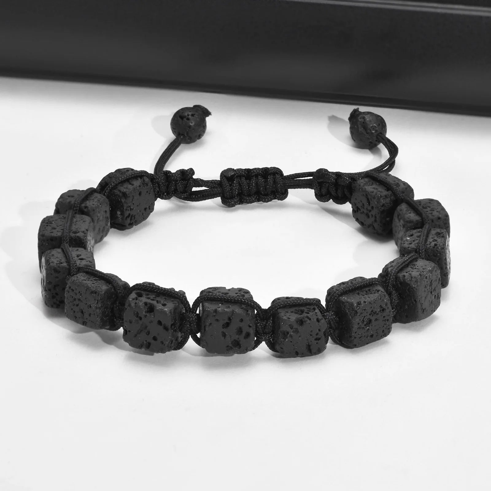 Men Fashion Cool Handmade Woven Rope Stretch Adjustable Natural Stone Black Lava Stone Square Cube Bracelet for Men