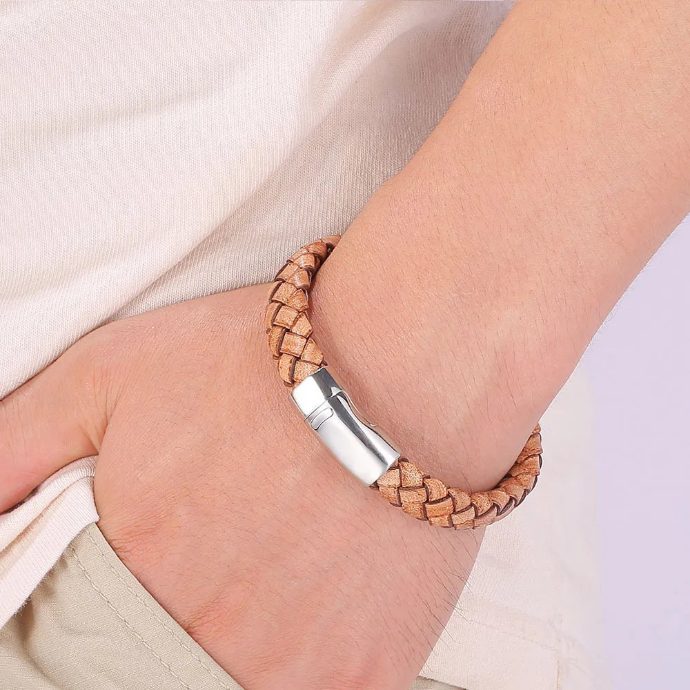 Vintage Coffee Genuine Leather Bracelets Men's Leather Stainless Steel Leather Cord Bracelet Wholesale