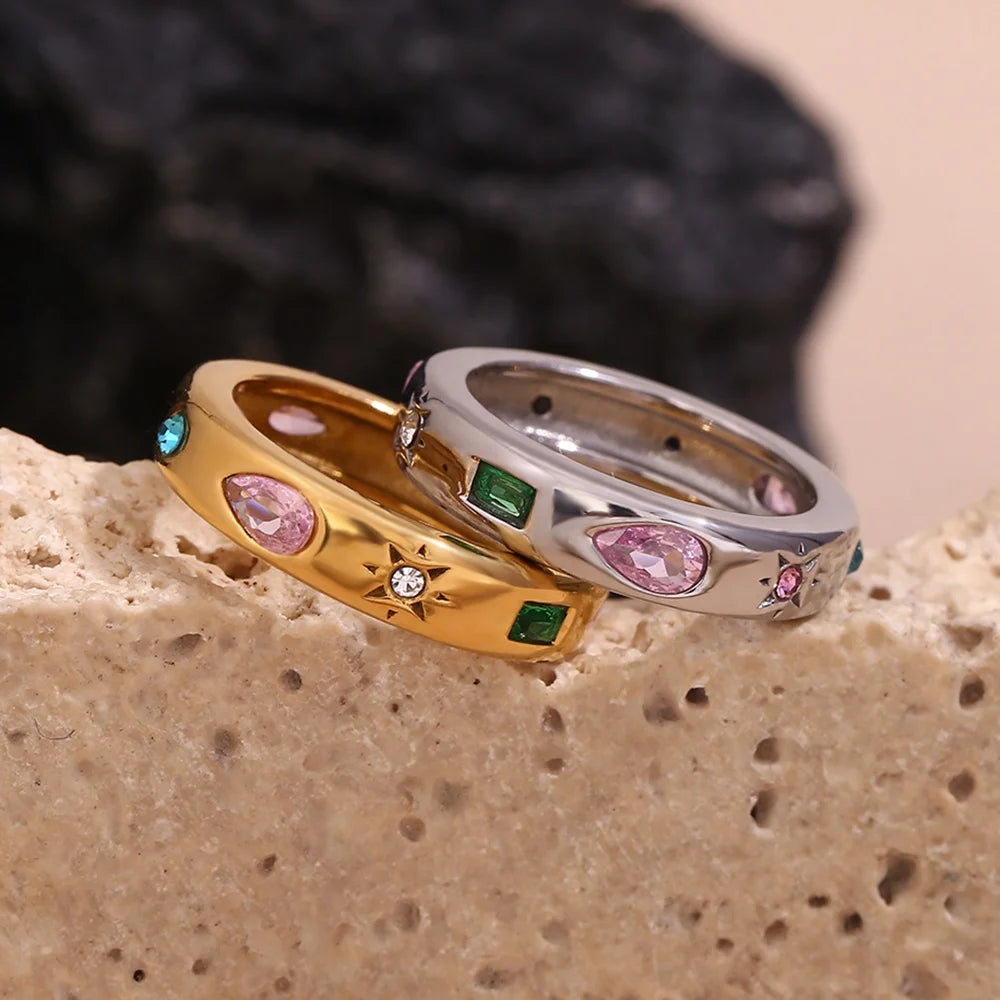 Sqring 2025 Fashion Colorful Zircon Signet Ring Waterproof Jewelry Gold Plated Stainless Steel Rings