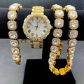 3pcs Iced Out Watch for Men Gold Wristwatch Sliver Link Chain Bracelet Necklace Choker Bling Jewelry for Female Quartz Reloj