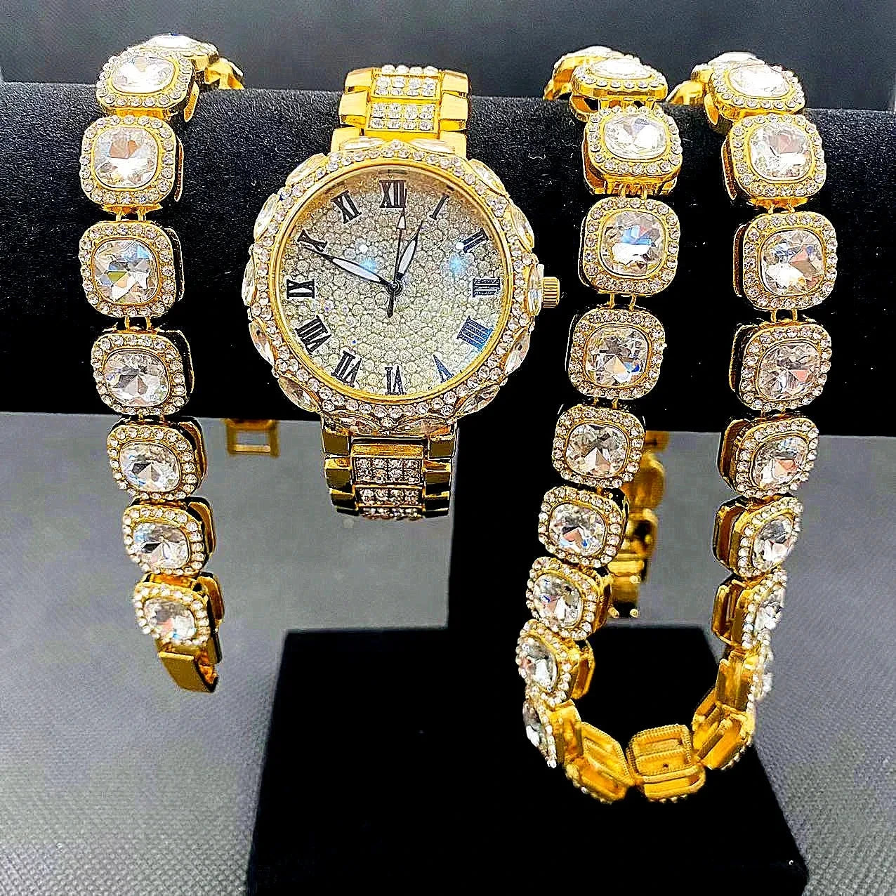 3pcs Iced Out Watch for Men Gold Wristwatch Sliver Link Chain Bracelet Necklace Choker Bling Jewelry for Female Quartz Reloj