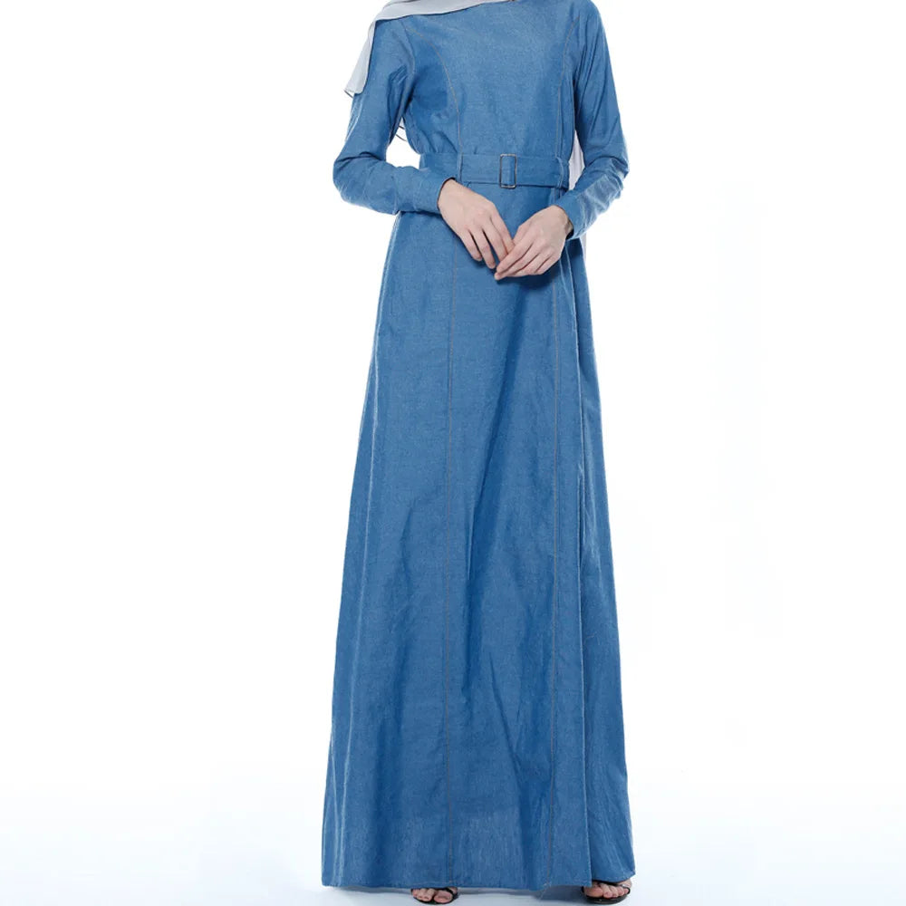 S-XXL Muslim New European and American Denim Robe Muslim Women's Dress Lace Slim Long Sleeve Dress Muslim Dress Women Abaya