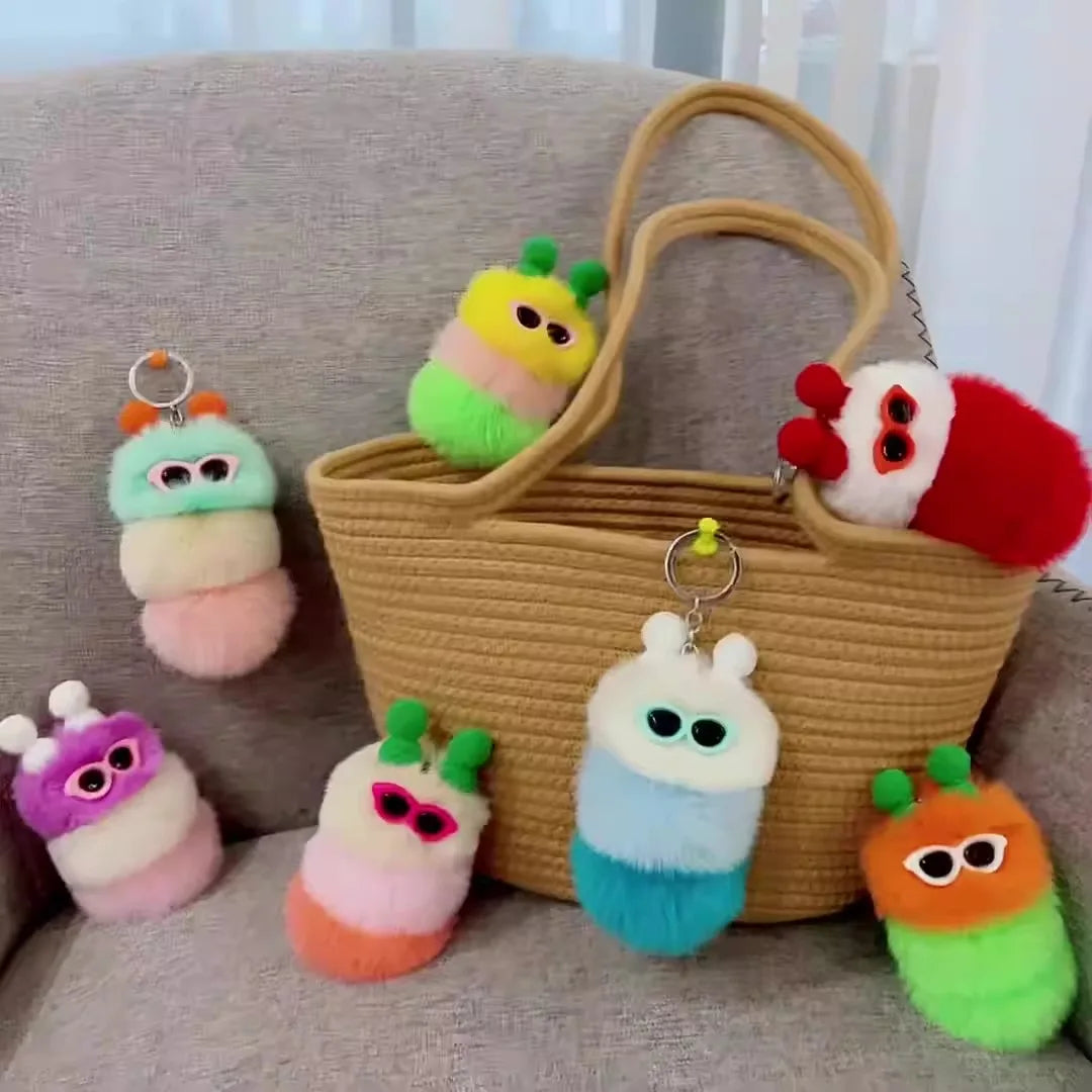 Cute Cartoon Insect Caterpillar Keychain Women's Leather Pom Pom Plush Pendant Bag Fashion Car Key Ring Accessories Ball Shape