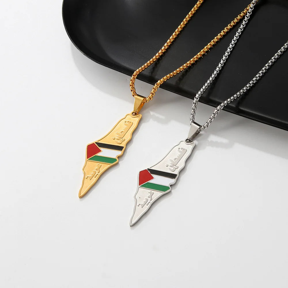 Manufacturer Stainless Steel Palestine Map Chain Necklace Enameled 18K Gold Plated Enamel Palestinian Flag Pendant Necklace