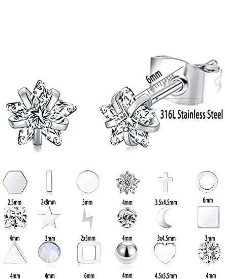 Princess Cut Stainless Steel Stud Earrings CZ Geometric Cartilage Small Screw Butterfly Back Heart Cross Star Triangle Moon Ball