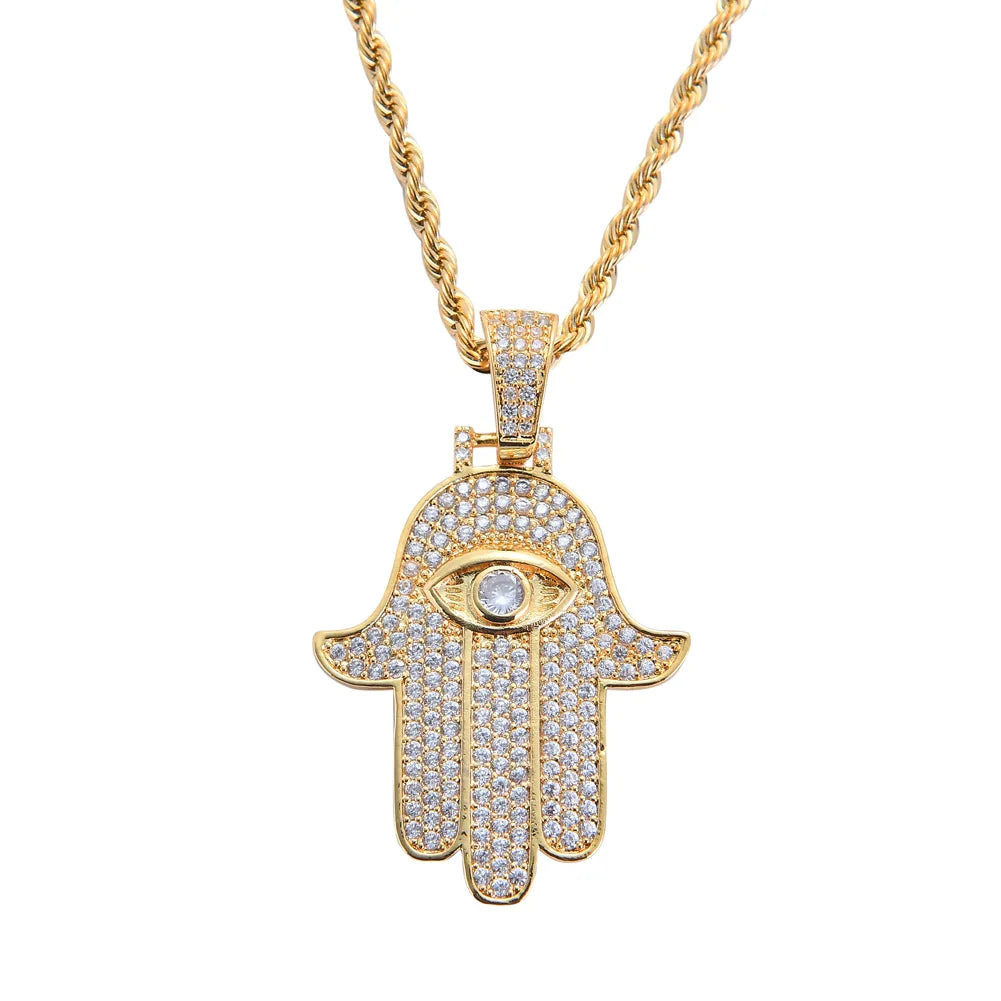 Hip Hop Ice Out Zircon Fatima Hand Talisman Pendant Men's Jewelry Exquisite Gold-plated Eye Palm Necklace Necklace Talisman
