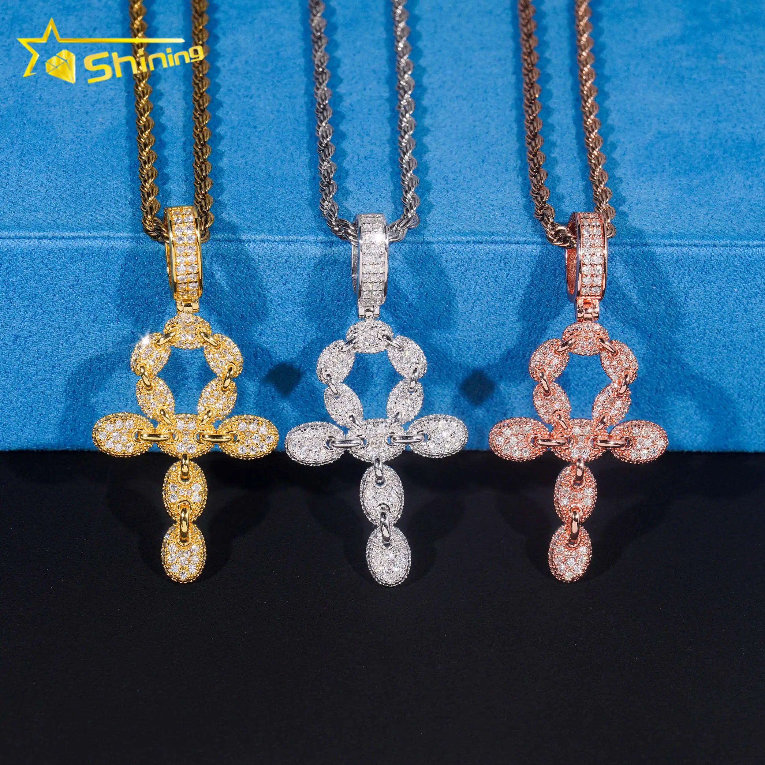48 Hour Ship Out VVS Moissanite Hip Hop Jewelry Cross Iced Out Pendant Sterling Silver 925 Moissanite Pendant with Rope Chain
