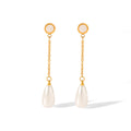 INS Fashionable 18K Gold Stainless Steel Simple Long French Water Drop Pearl Tassel Earrings for Girls