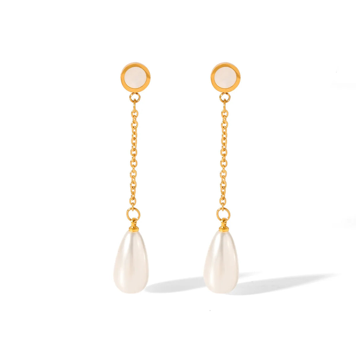 INS Fashionable 18K Gold Stainless Steel Simple Long French Water Drop Pearl Tassel Earrings for Girls