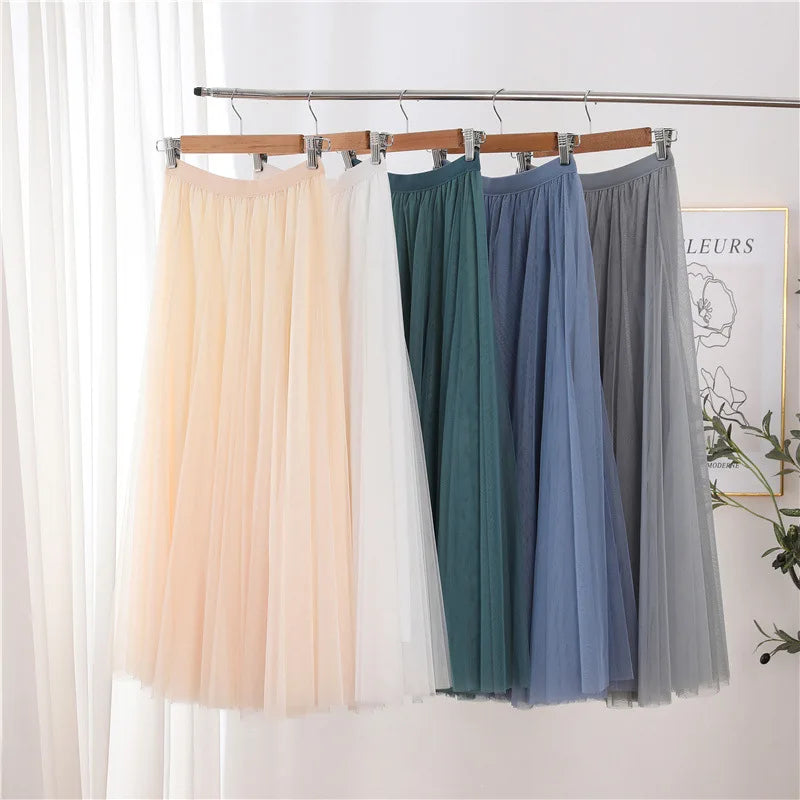 Fashion New Women Mesh Elastic Skirt Beach Spring Summer Korean High Waist Fashion Pleated Long Skirt Black White Tulle Skirts