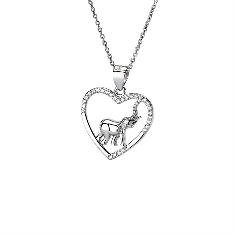 Fashion 925 Sterling Silver Diamond Elephant Animal Pendant Heart Shaped Necklace