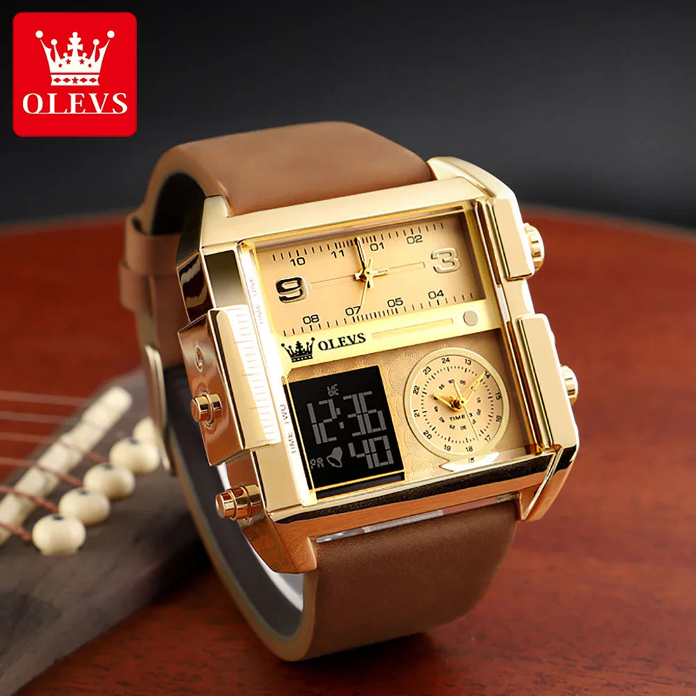OLEVS 1101 New Square Sports Electronic Watch for Male Teenagers Junior High School Students Waterproof with Leather Band