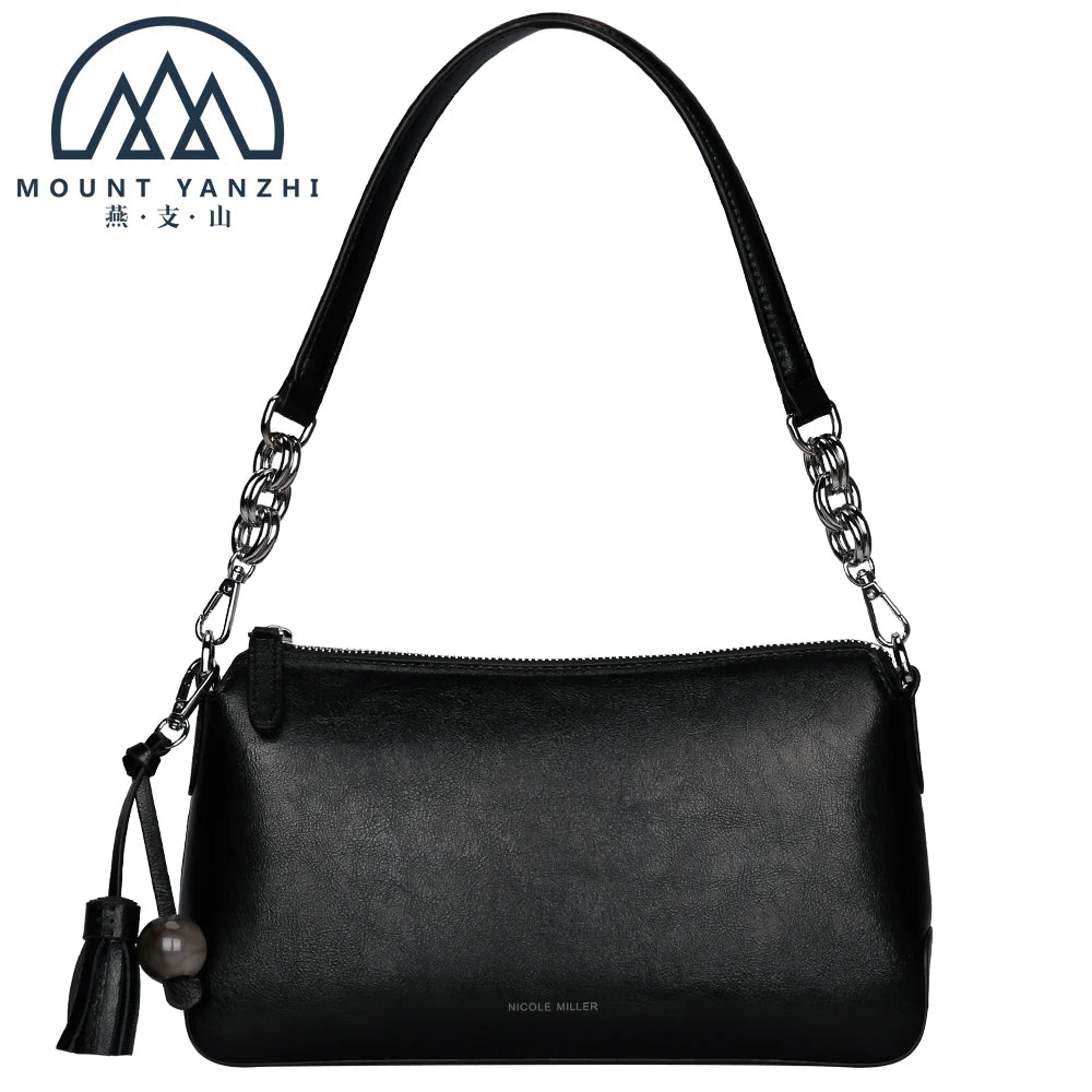 Antitheft Polyester Lining Black Handmade Women's Fashion Handbags Single Strap Zipper Closure Genuine Leather Shoulder Bag