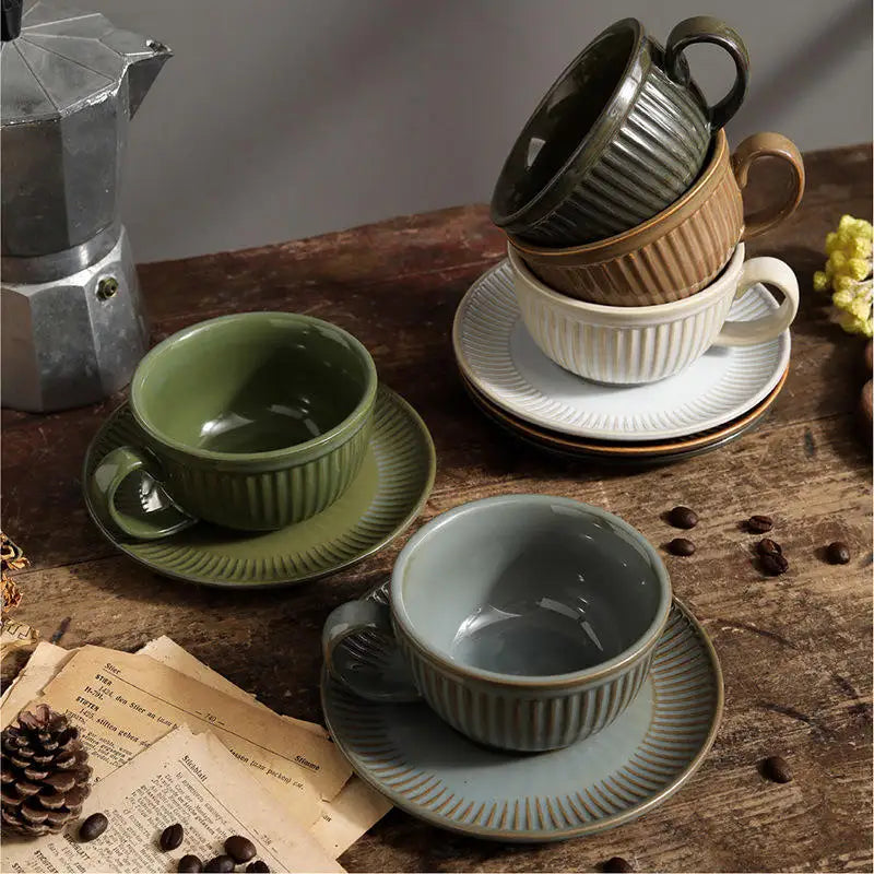 Classic Striped Ceramic Latte Cup & Saucer Set 220ml for Coffee Shop