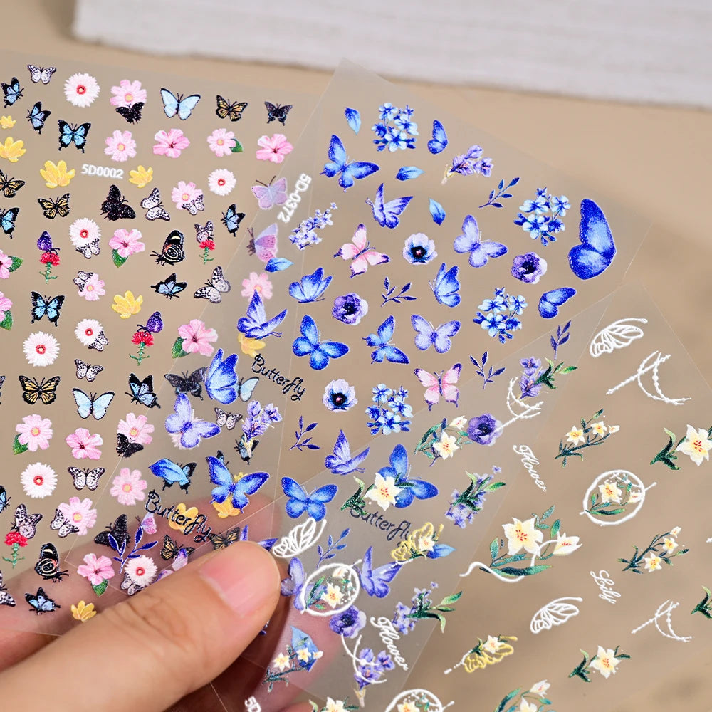 5D Embossed Rose Flower Leaves Butterfly Nail Stickers Decals Self Adhesive Nail Sliders for Manicures Nail Art Decoration