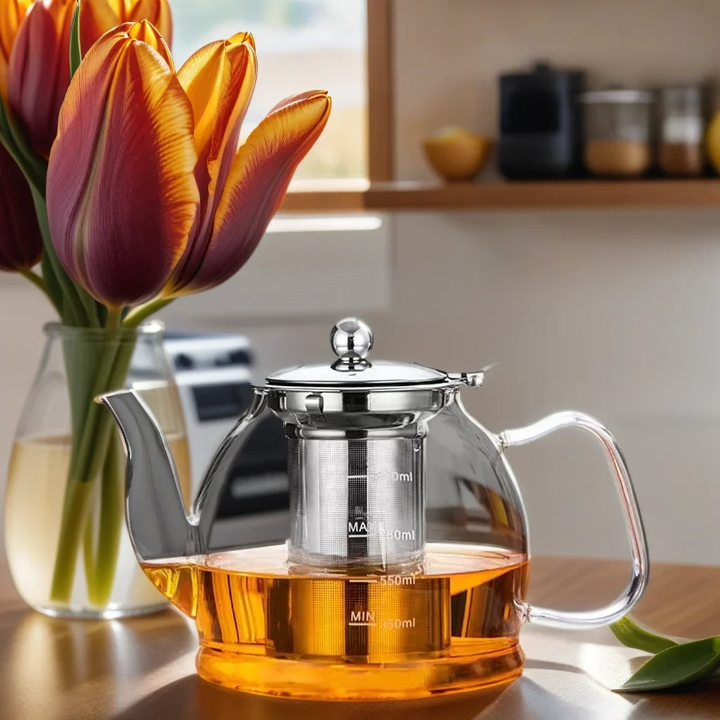 High Borosilicate 1400ml Large Capacity Glass Teapot Stainless Steel Tea Strainer Heat Resistant Clear Water Lid Business