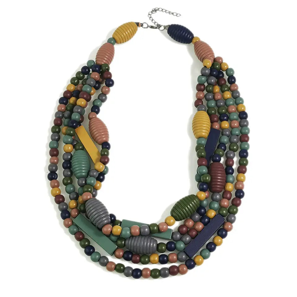 African Bohemian Statement Ethnic Multi Layer Handmade Necklace Trendy Torque Wooden Beads Pendant Necklace Beach Accessories