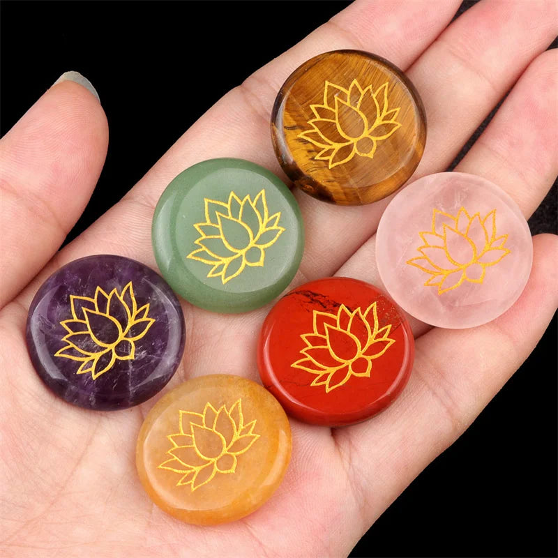 Natural Rose Quartz Amethyst Lapis Agate Crystal Spiritual Stones 25mm Round Carved Lotus Flower for Meditation Yoga Decoration