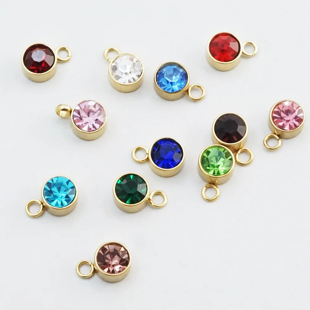 12 Stained Glass Diamonds 304 Stainless Steel Gold Accessories6mm Round Hole Birthday Stone Pendant