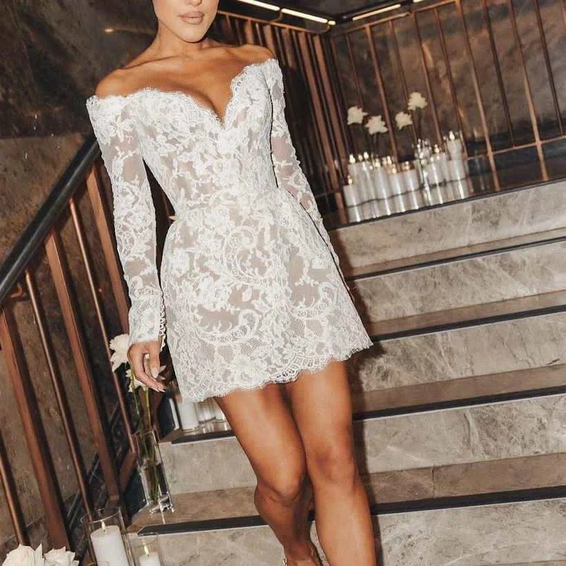 Ruolai WTH015 Simple French Lace V Neck Mini Wedding Dress Bridal Gown Off Shoulder Long Sleeves Elegant Short Bride Gown