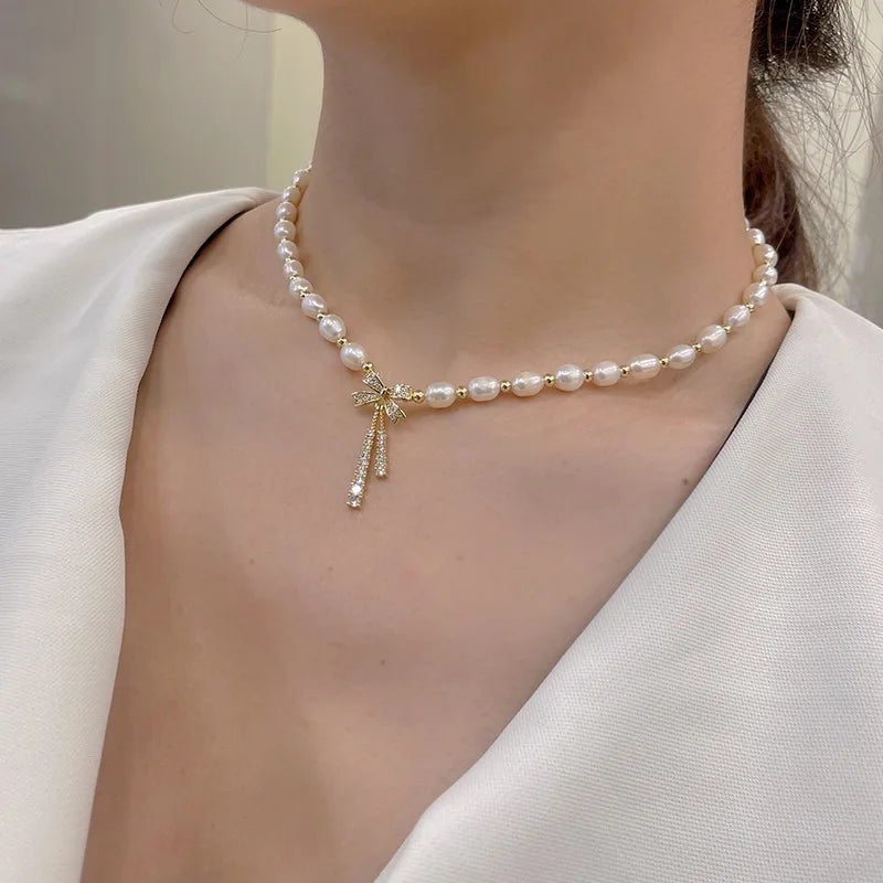 Natural Pearl Necklace Bow Knot Zircon Pendant Versatile Freshwater Pearl Nexcklace Accessories for Women