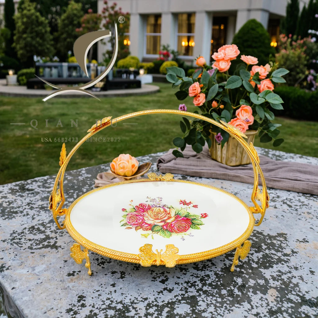 Qian Hu 2025 Elegant Gold Metal Fruit Tray Durable Ceramic Serving Plate Butterfly Decorative Leg for Snack Dessert New Arrival