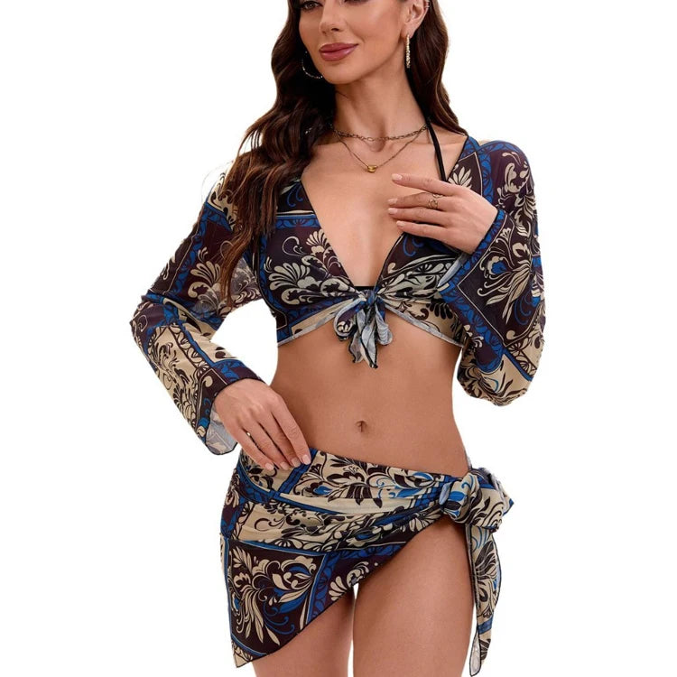 Customized Retro Print Bathing Suit Black Sexy Bikini 4 Piece Fashion Swimsuit