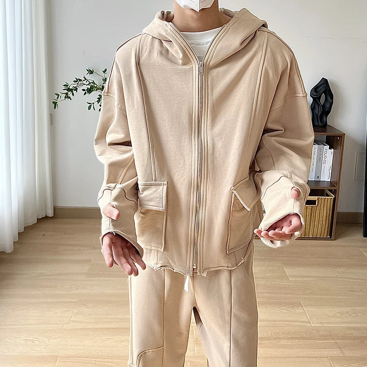 Hoodies Supplier Custom Heavyweight Oversize Zipper Hoodie Solid Color Pockets Extended Sleeves Hoodies for Men