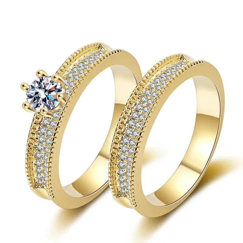 Wholesale Wedding Rings Gold 24k Plated Couple Zircon Engagement Ring Wedding Jewelry Set