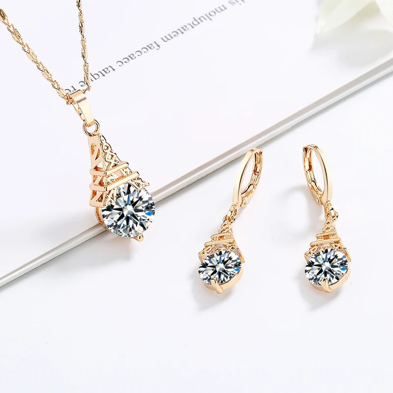 Factory Supplies Colorful Gold Plated Cz Jewellery Wholesale Cubic Zirconia Ladies Earrings Necklace Jewelry Sets