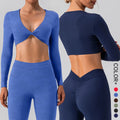 SHINBENE Front Twist Deep V Workout Crop T Shirt Top Long Sleeve Crop Tops for Women