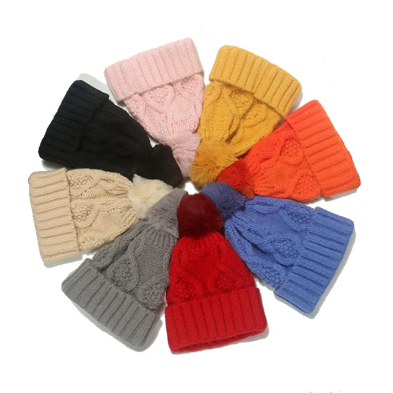 Landfond Accessory Womens Winter Figure 8 Plaid Jacquard Knitted Beanie Pompom Soft Warm Hat