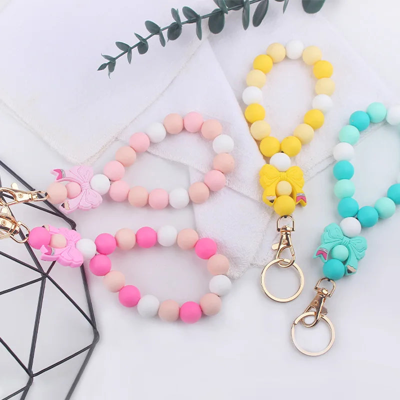 2025 New Cartoon Silicone Pencil Bow Pendant Silicone Beaded Keychain Bracelet