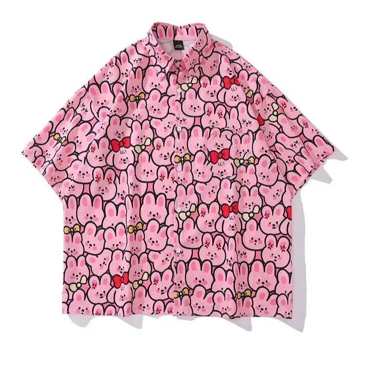 2025 Summer Breathable Quick Dry Casual Cute Style Men Women Can Wear 3D Digital Cartoon Rabbit Print Short-Sleeved Shirt
