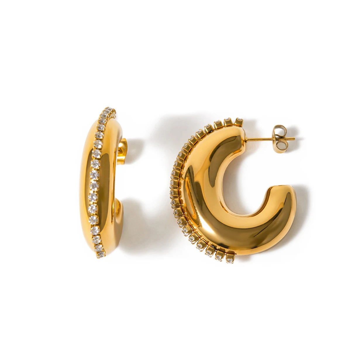 J&D CC Shape Bling Bling Rhinestone Drop Earrings 18k PVD Gold Plated Stainless Steel Shinning Earrings for Women