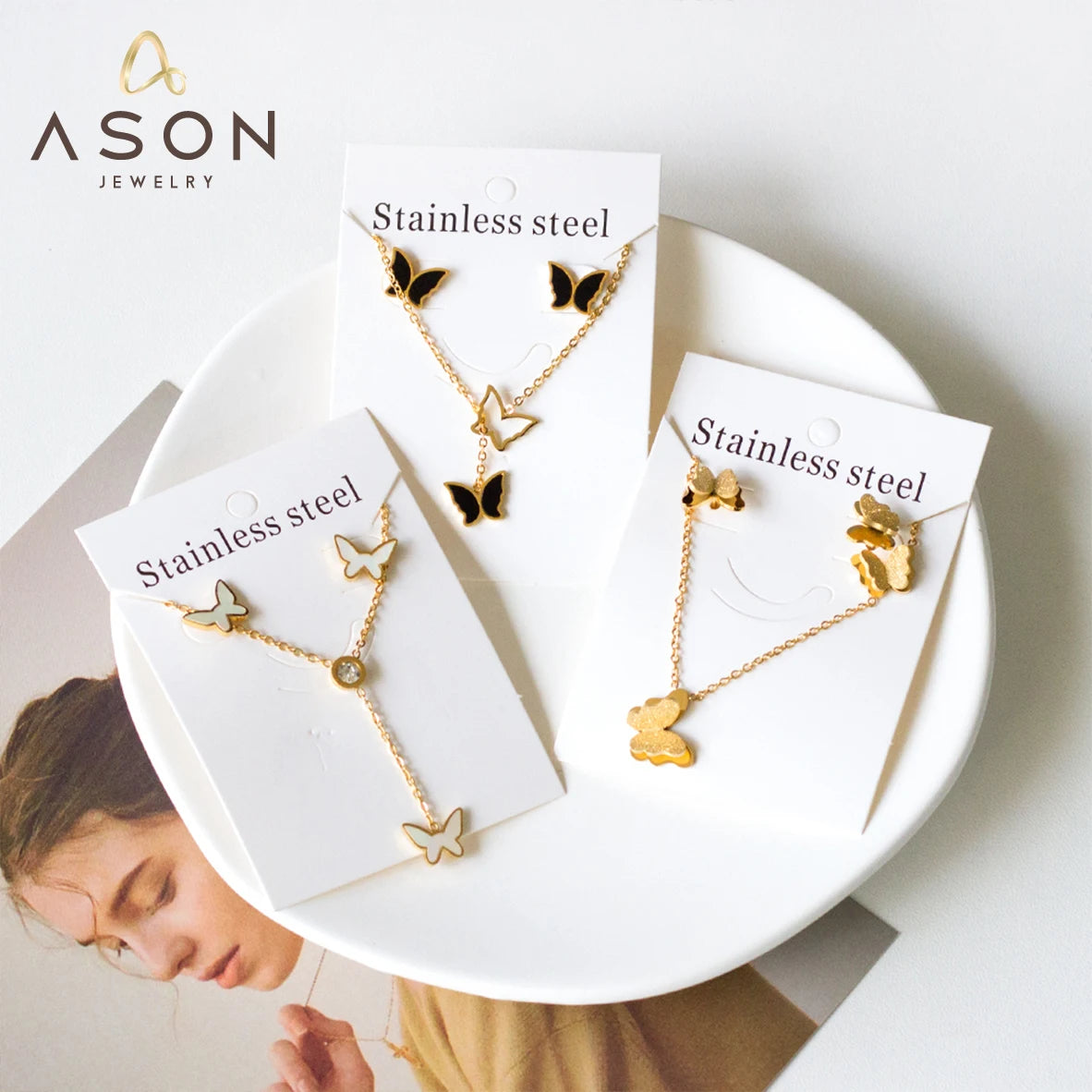 Wholesale Jewellery Butterfly Stainless Steel Jewelry Set 18K Gold Plated Pendant Necklace Earrings Set