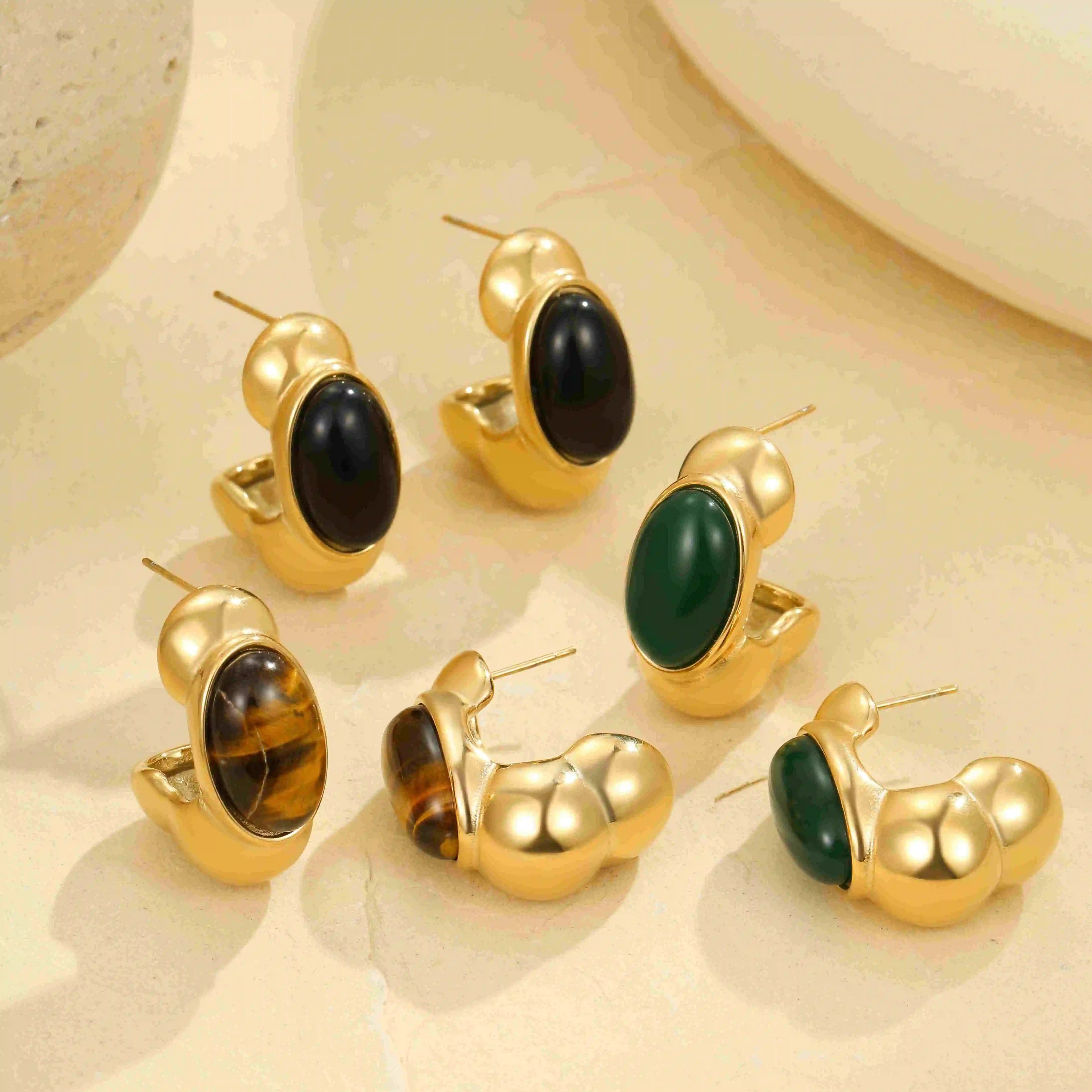 Black Agate Tiger Eye Stone Tourmaline Natural Stone Earrings Women Stainless Steel Trendy Statement Gold Plated Hoop Jewelry