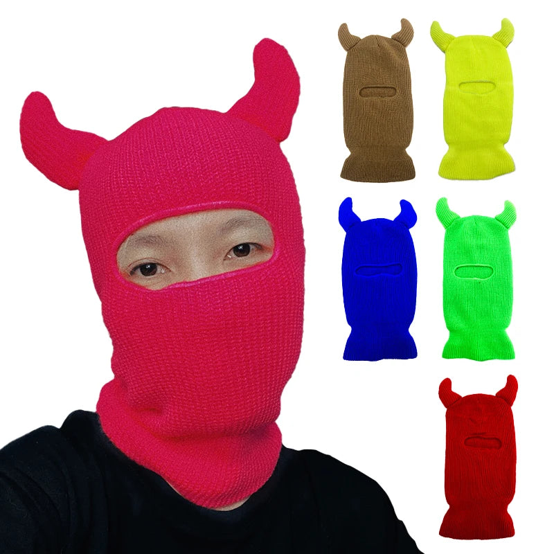 Winter Crochet Acrylic Knitted Funny Custom Checked Balaclava Ski Mask Hat with Horns Ears for Men Women Party Daily