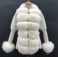 Ladies Slim Fleece Winter Short Fox Fur Coat Warm Wool Puff Sleeve Jacket Knitted Real Fur Sweater Cardigan for Women