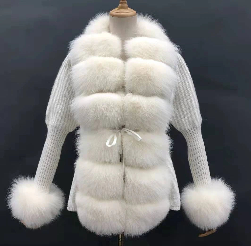 Ladies Slim Fleece Winter Short Fox Fur Coat Warm Wool Puff Sleeve Jacket Knitted Real Fur Sweater Cardigan for Women
