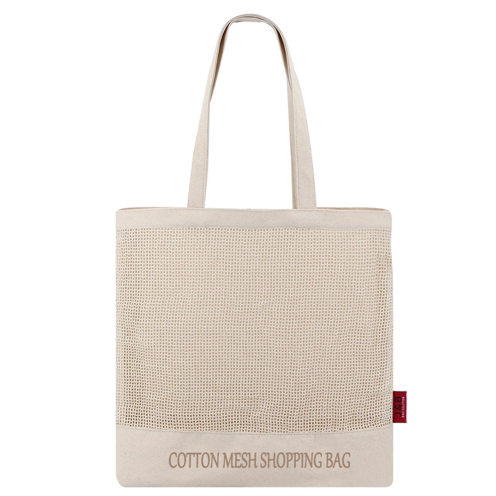 Natural Cotton Mesh Canvas Tote Grocery Shopping Bag for Fruit and Food Eco Friendly Canvas Beach Shop Bag with Mesh Window LOGO