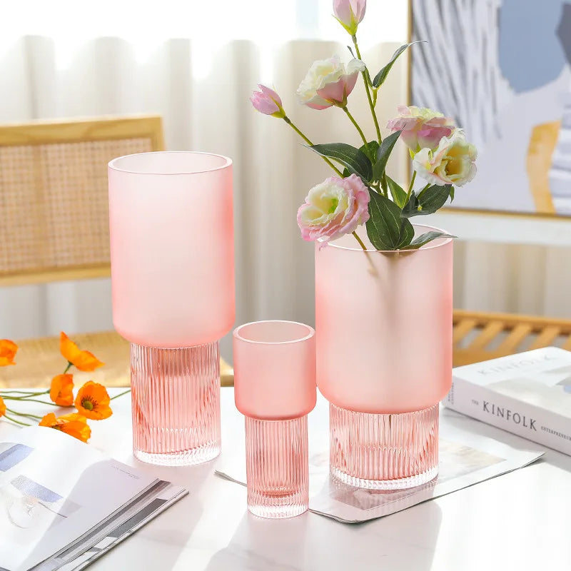 Creative Frosted Pink Glass Flower Vase Coastal Polka Dot Cold Pattern Vertical Stripes Cylinder Base Tabletop Vase