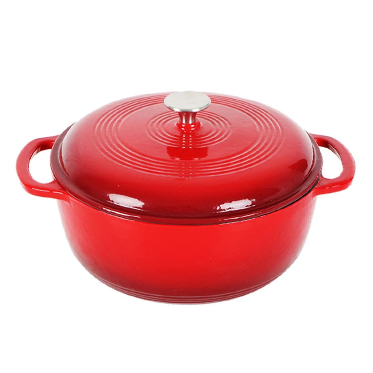 11 Inch Cast Iron Enamel Metal Stock Pot Double Handle Red Country Style Kitchen Cookware Set Lid 7L Gas Induction Ready Soup