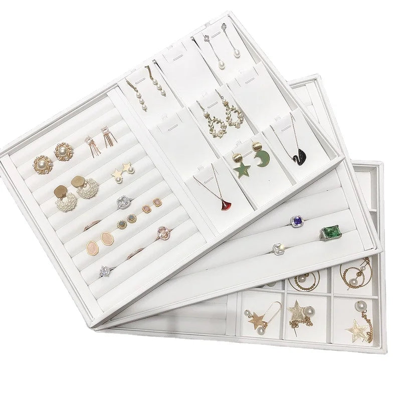 Custom Luxury White PU Leather Jewelry Tray Stackable Bracelet Necklace Ring Display Tray for Jewelry Showcase