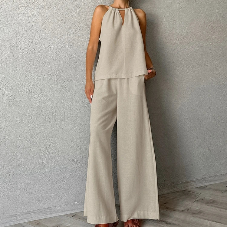Enyami Wholesale 100% Cotton Summer New Fashion Women Casual Hollow Sleeveless Top Wide Baggy Pants Sets Boutique 2 Piece Set