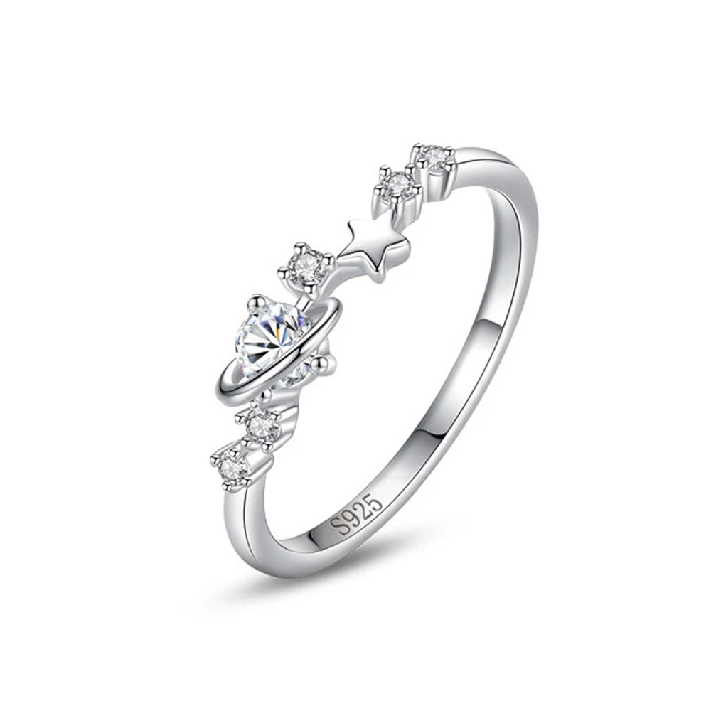 Hot Sale Delicate Ring 100% 925 Sterling Silver Zircon Inlaid Cute Design Star Earth Finger Rings for Women Engagement Jewelry