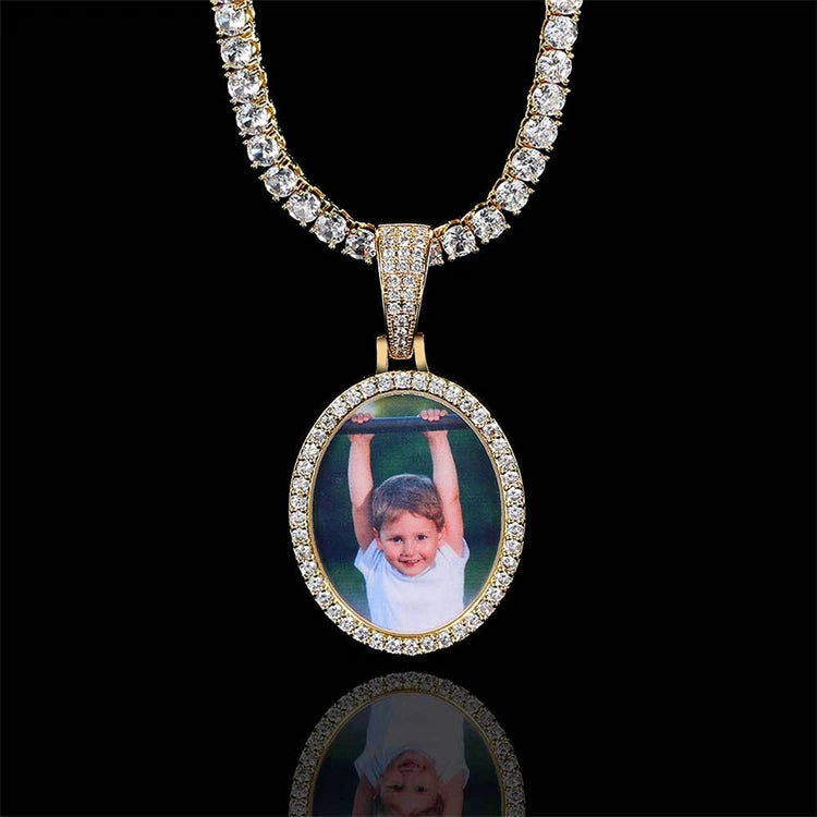 Hip Hop Handmade Custom Picture Necklace Memory Charm Bling Iced Out CZ Photo Pendant Necklace with Oval Dome