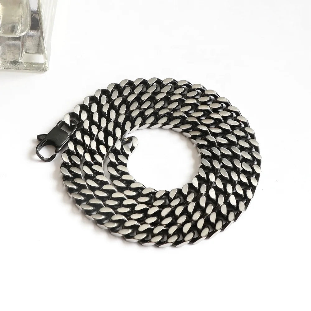 Trendy 8mm Cuban Chain for Men Black Silver Brush Finish Gold Plating Stainless Steel Link Chain Featuring Claw Setting Inlay