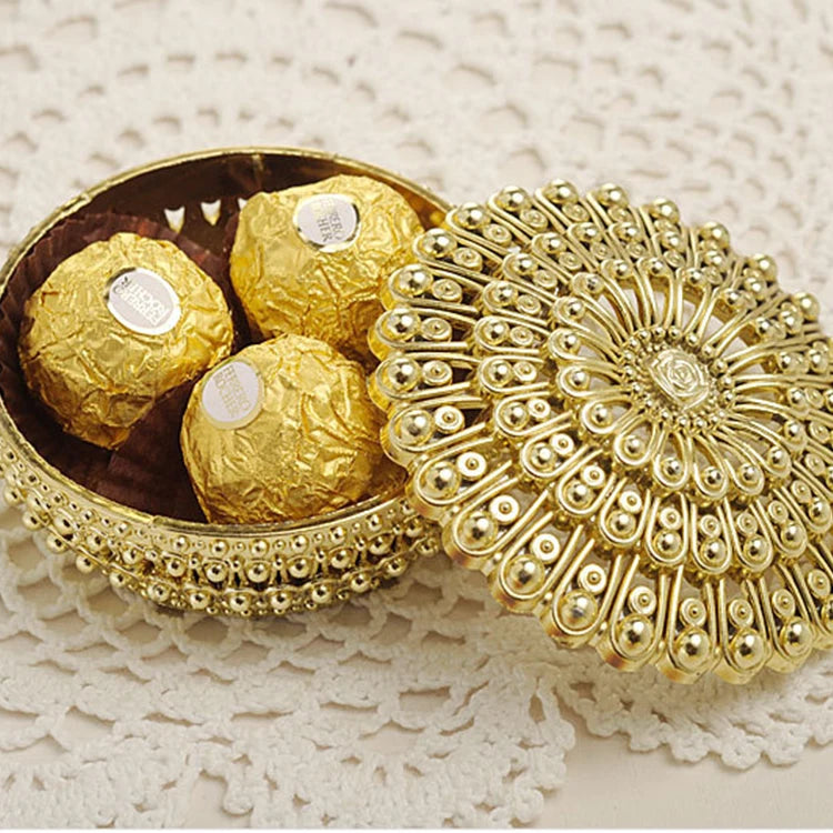 Indian Fancy Wedding Decoration Round Plastic Gold Candy Box with Lid