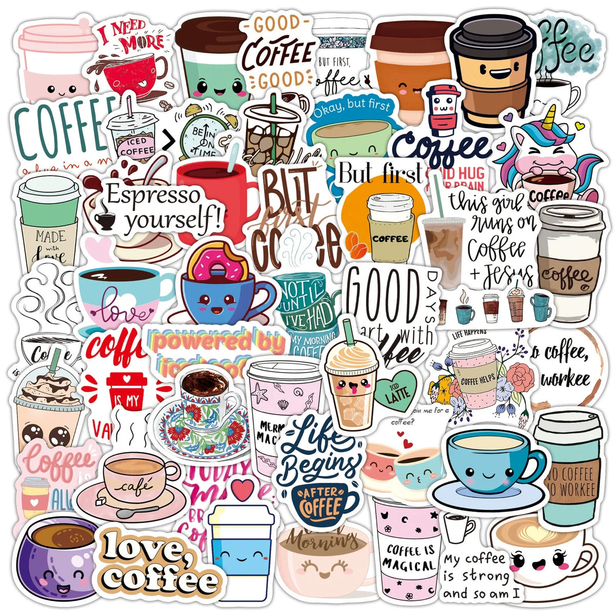 50Pcs Cute Kawaii PVC Graffiti Stickers for Drinks Coffee Milk Tea Girl Children Notebook Phone Luggage Laptop DIY